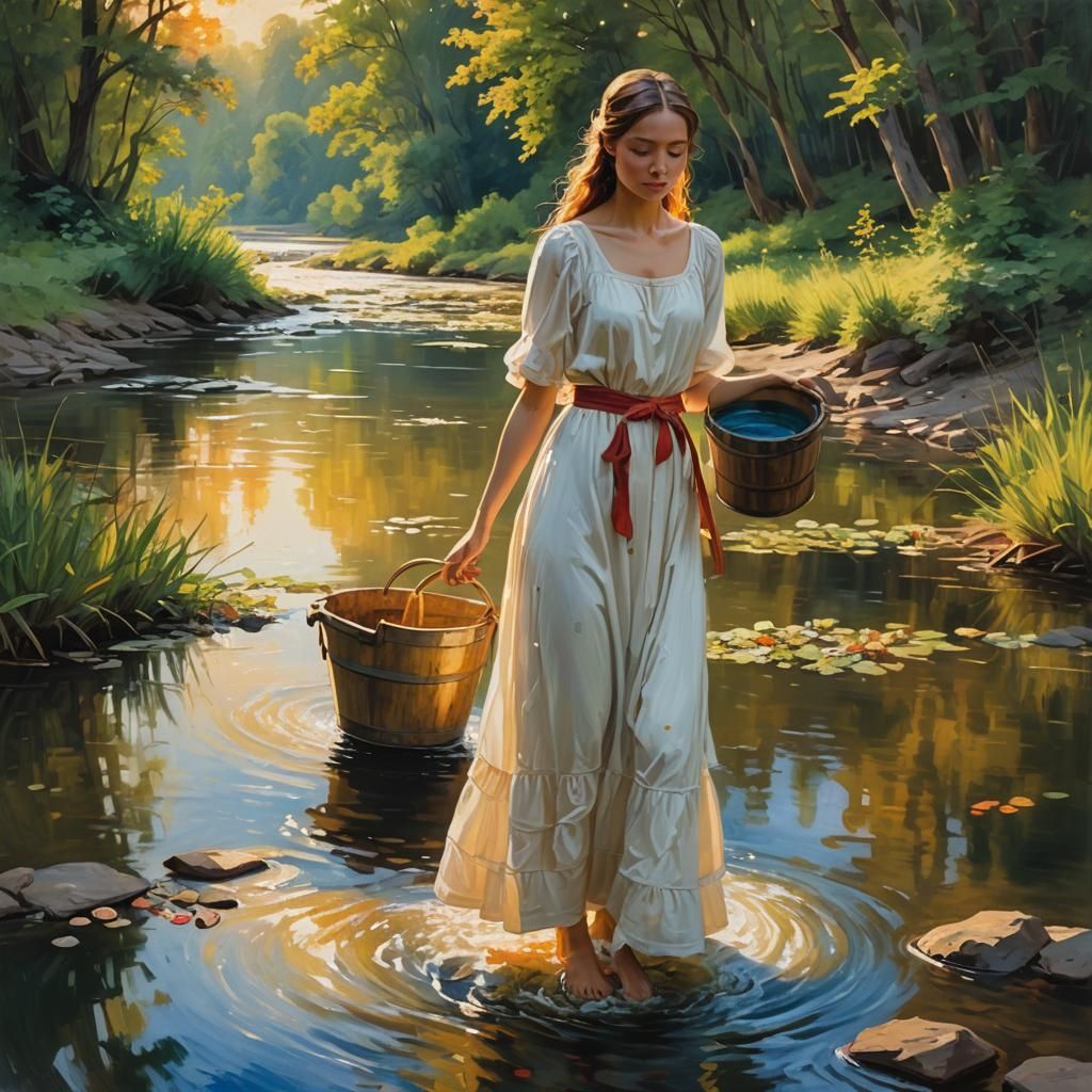 Woman in River: Vibrant Oil Painting with Triadic Colors