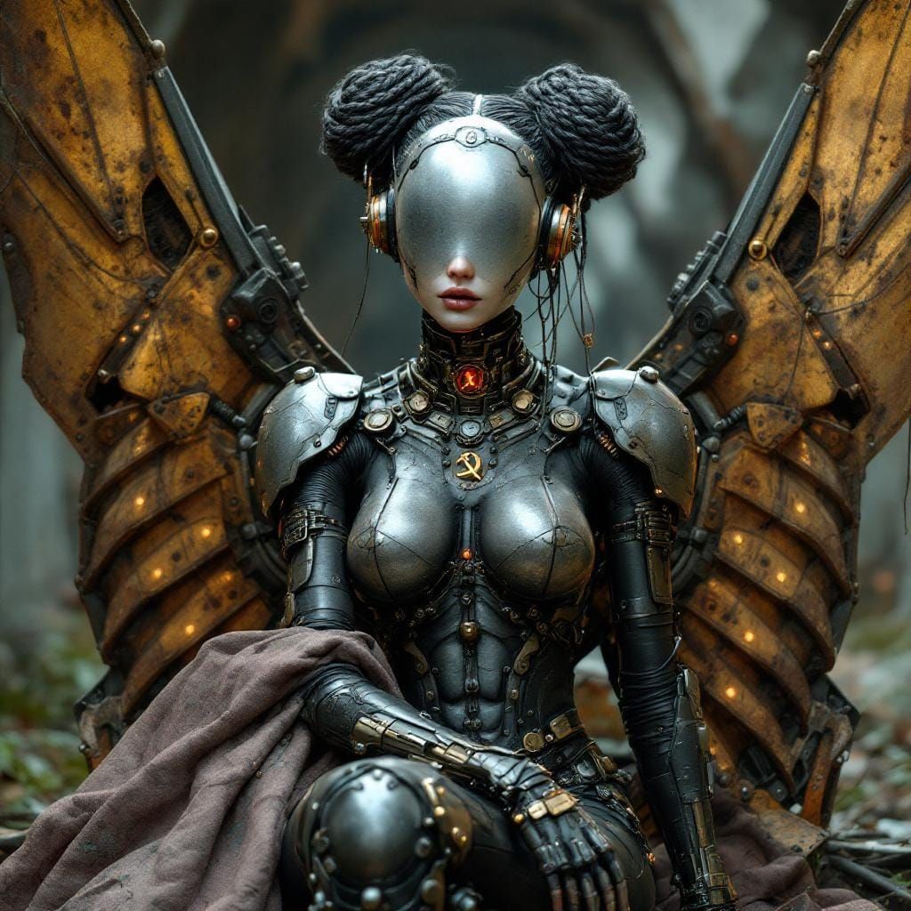 Steampunk Cyborg Queen on Rusty Helicopter Throne