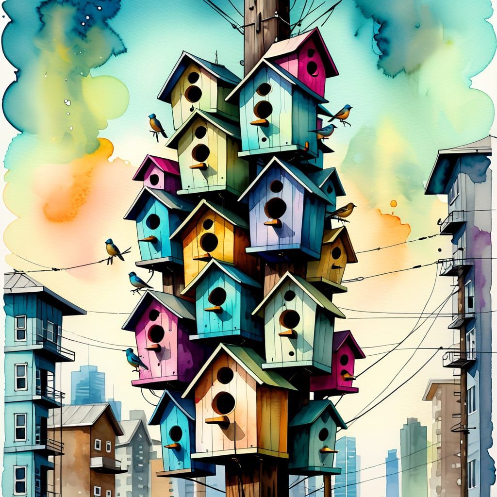 Birdhouse Skyscraper in Metropolis, Watercolour Painting