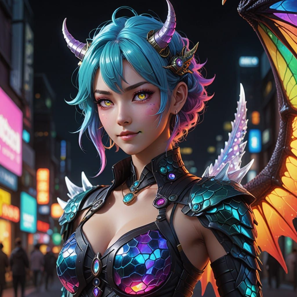 Cyberpunk Fantasy Warrior Girl with Rainbow Scales and Cryst...