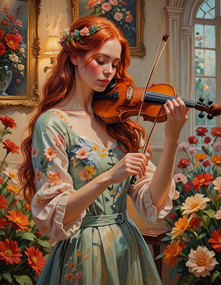 Violinist in Floral Room: Impressionist Oil Painting