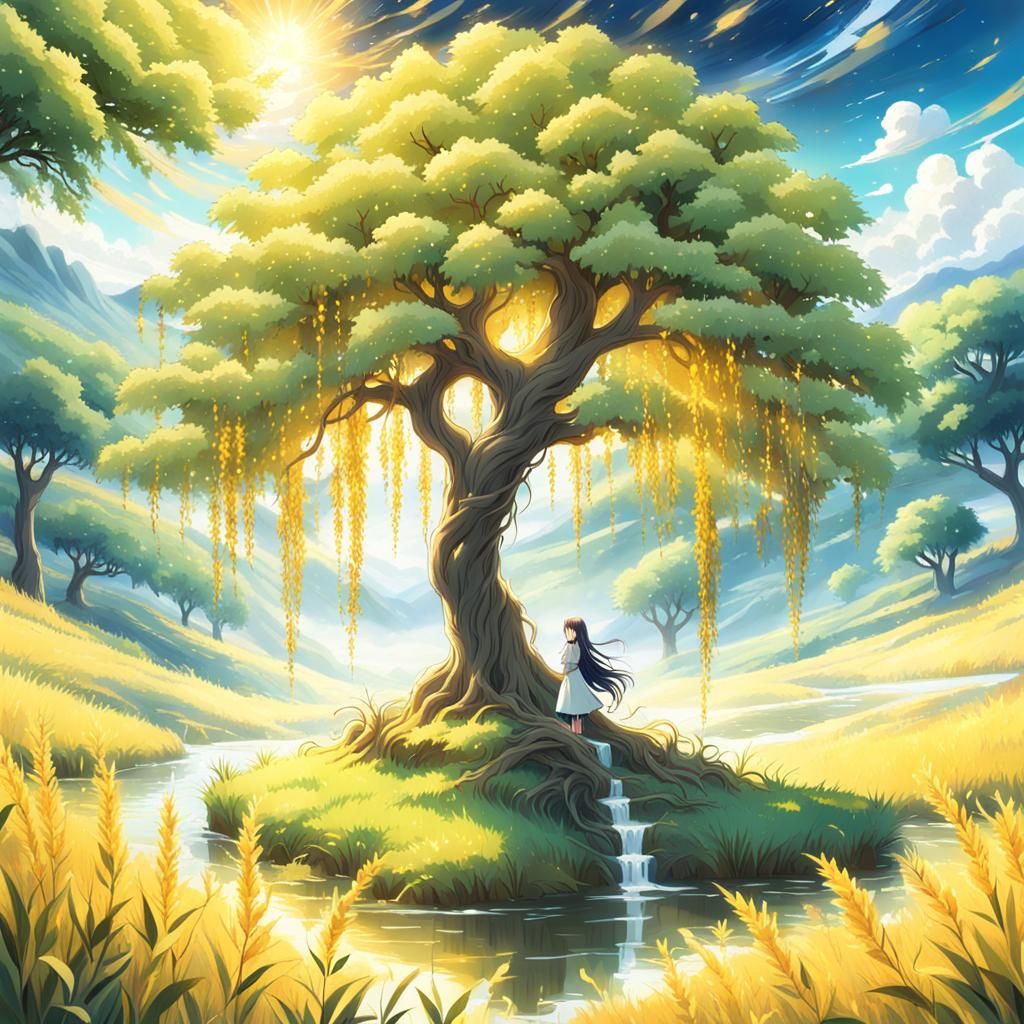 Magical Willow Tree with Sparkling Eyes in Anime Style