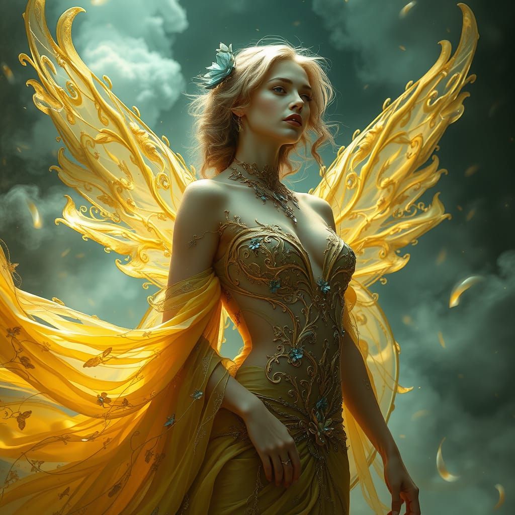 Serenely Draped Ethereal Beauty in Golden Ornamentation