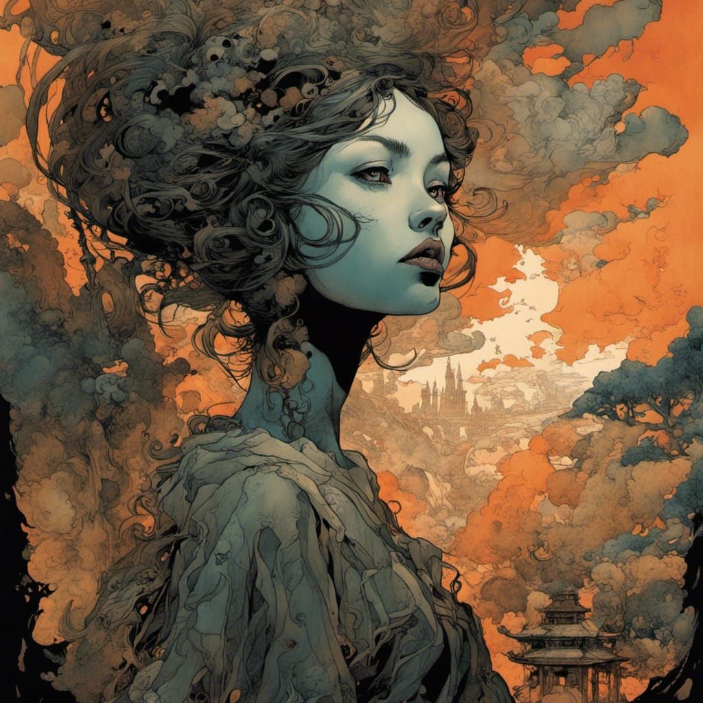 Fantasycore Woman in Surrealist Ink Illustration