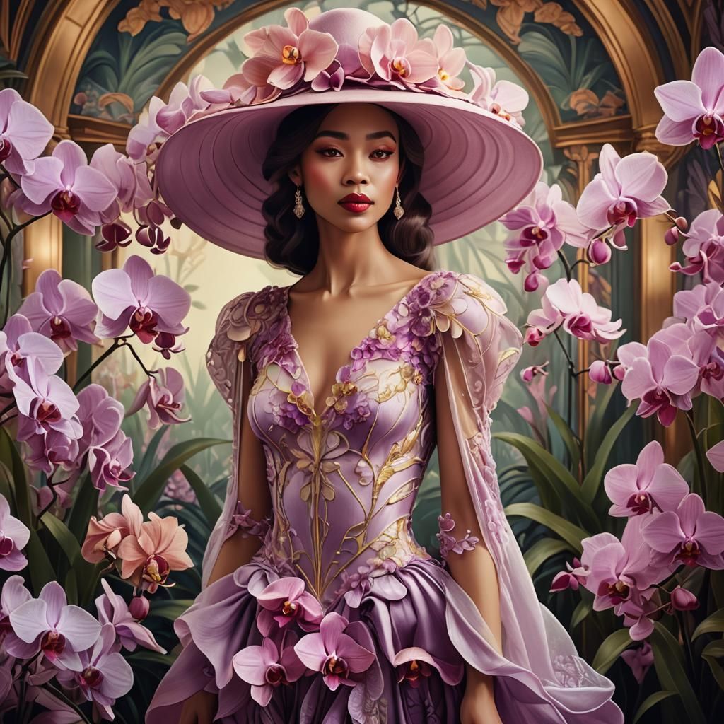 Orchid Lady: Surreal Art Nouveau Portrait