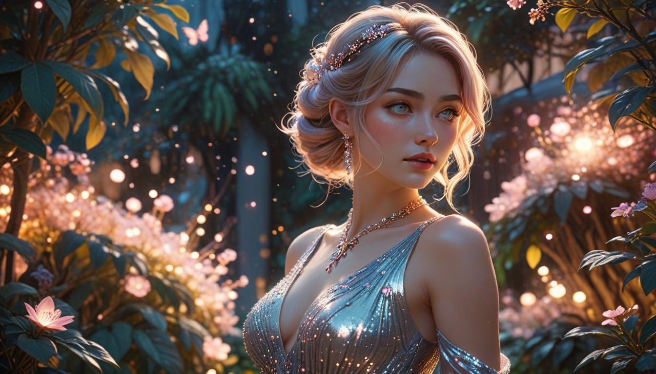 Elegant Anime Woman Spinning in a Night Garden