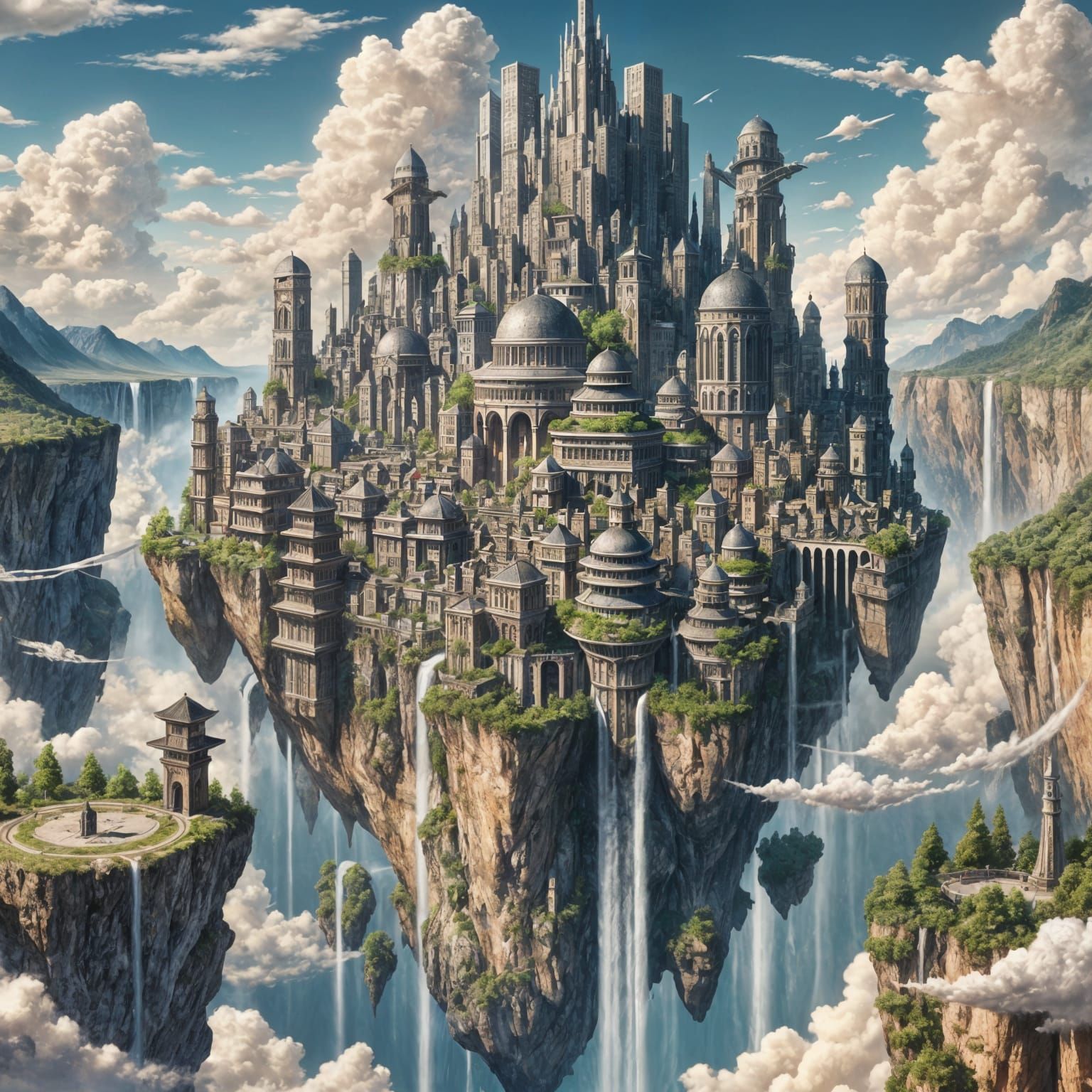 Floating Greek City with Waterfalls and Manga Style