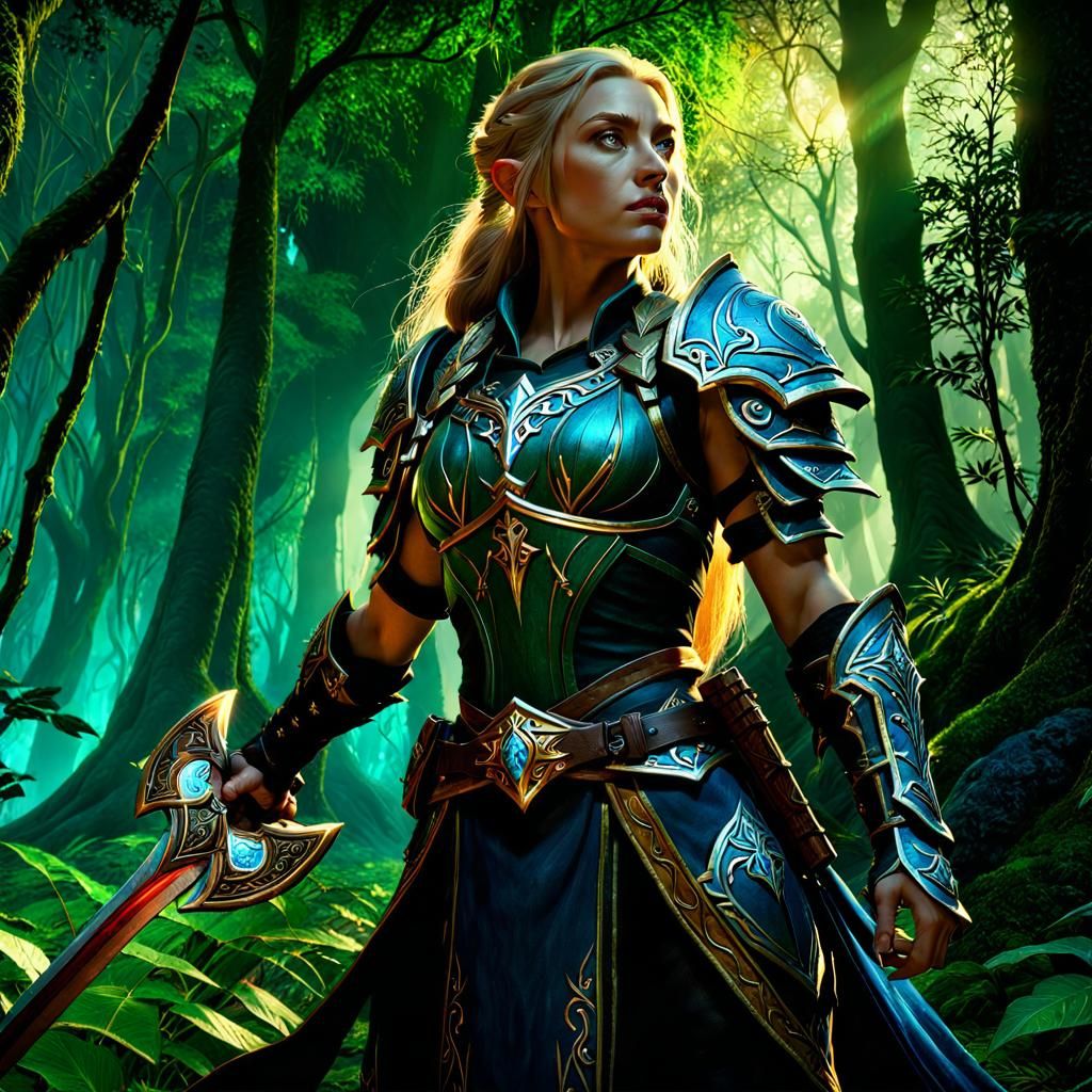 Powerful Warrior in Dark Fantasy Forest