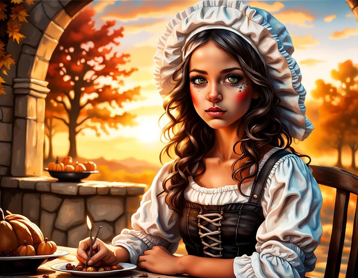 Beautiful Pilgrim Girl Celebrating Thanksgiving