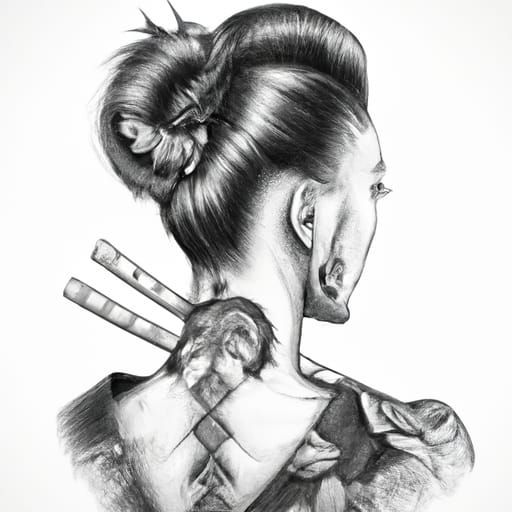 Yakuza Girl with Katana: Charcoal Pencil Sketch