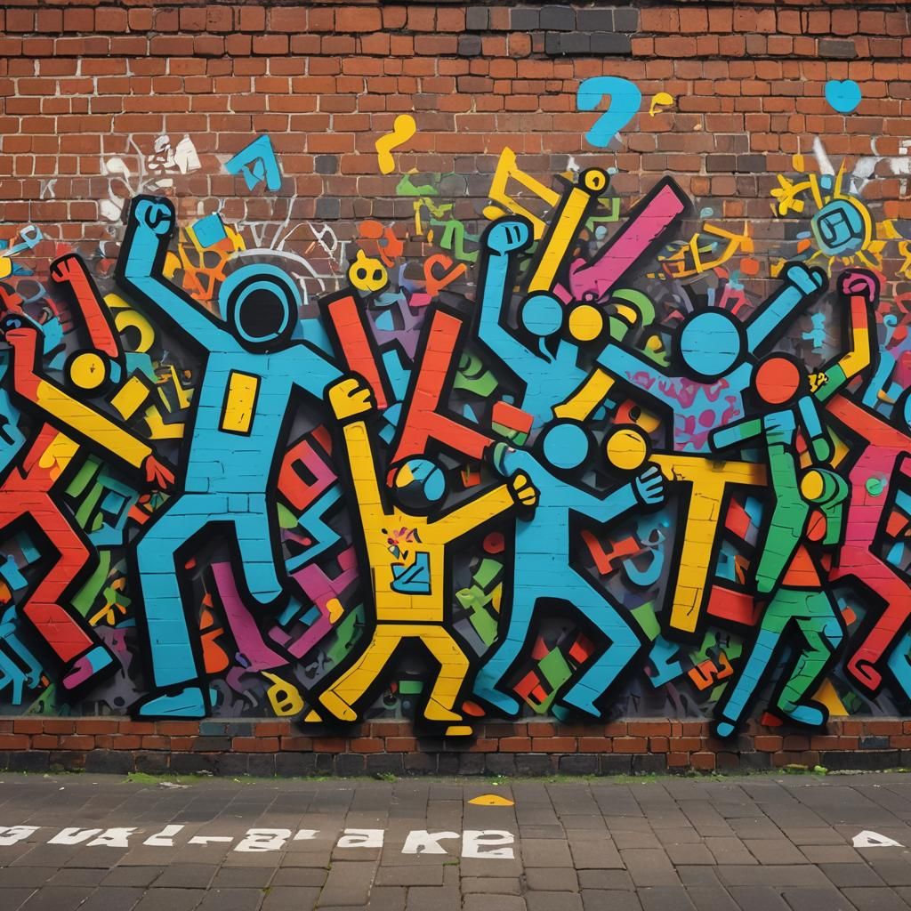 Dynamic Street Art with Stylized Characters and Bold Letters