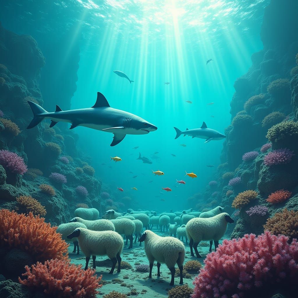 Coral reef covered with dangerous sharks eating it's food inside a sea along with sinked sheep