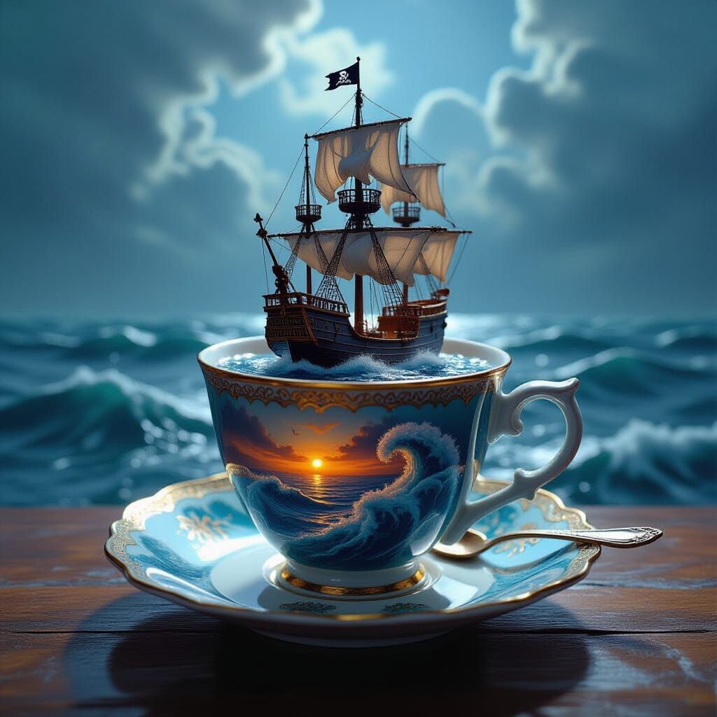 Pirate Ship Storm Inside Antique Teacup Painting