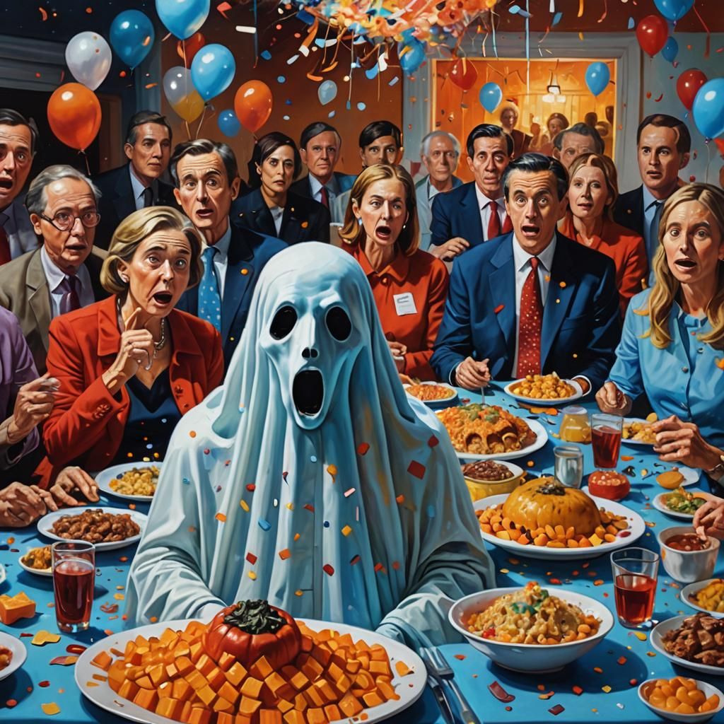 Ghost Photobombs Election Feast in Surrealist Oil Painting