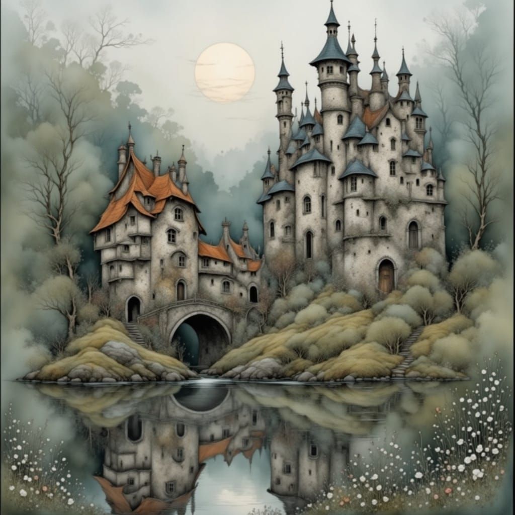 Ethereal Castle Ruin Emerges from Whimsical Morning Haze