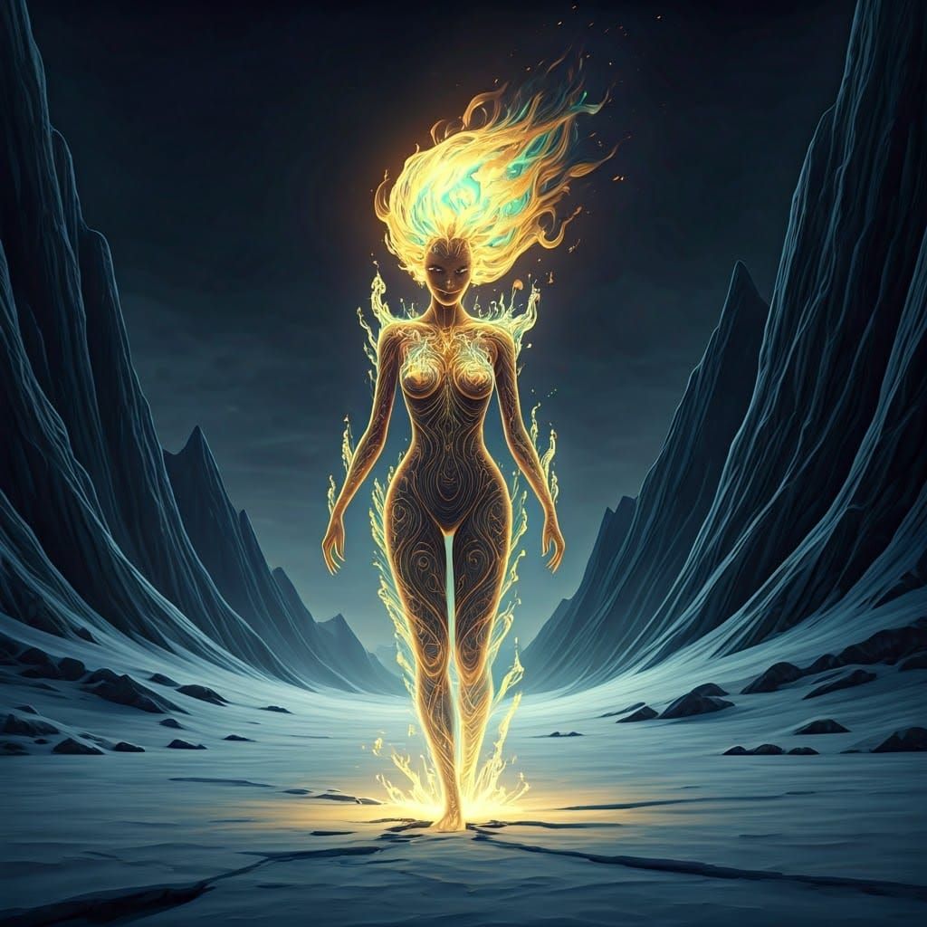 Flaming Maiden Walking in Frozen Tundra