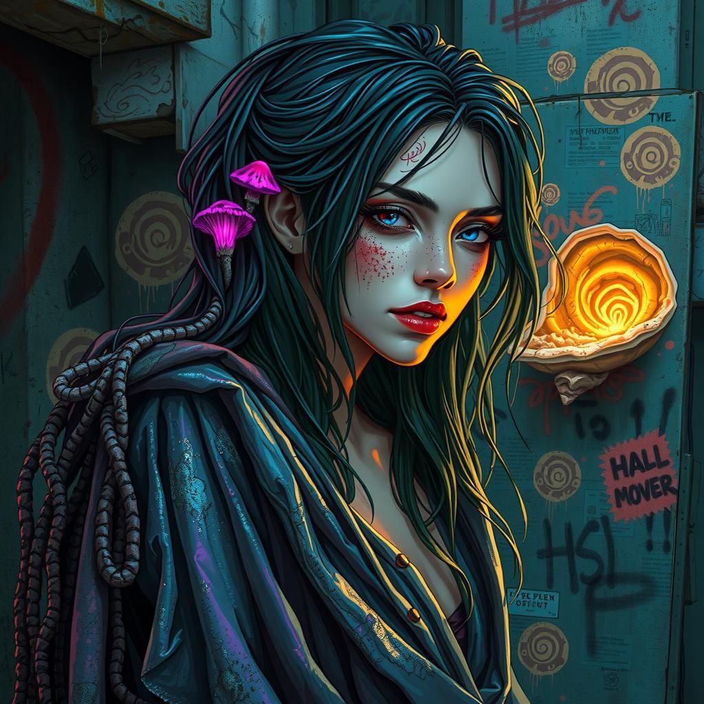 Urban Nymph in Cyberpunk Fantasy Landscape