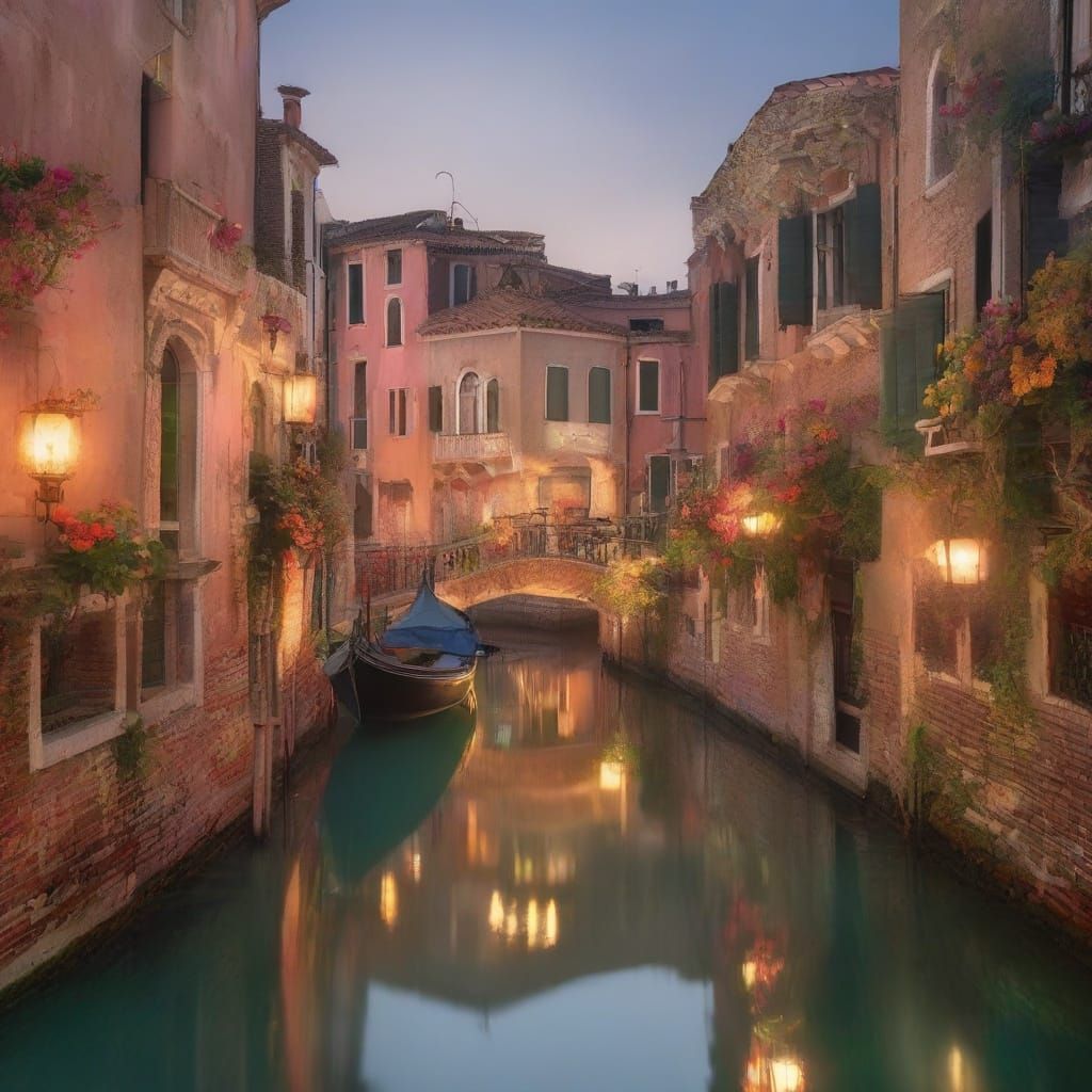 Magical Venetian Canal at Dawn in Fantasy Style