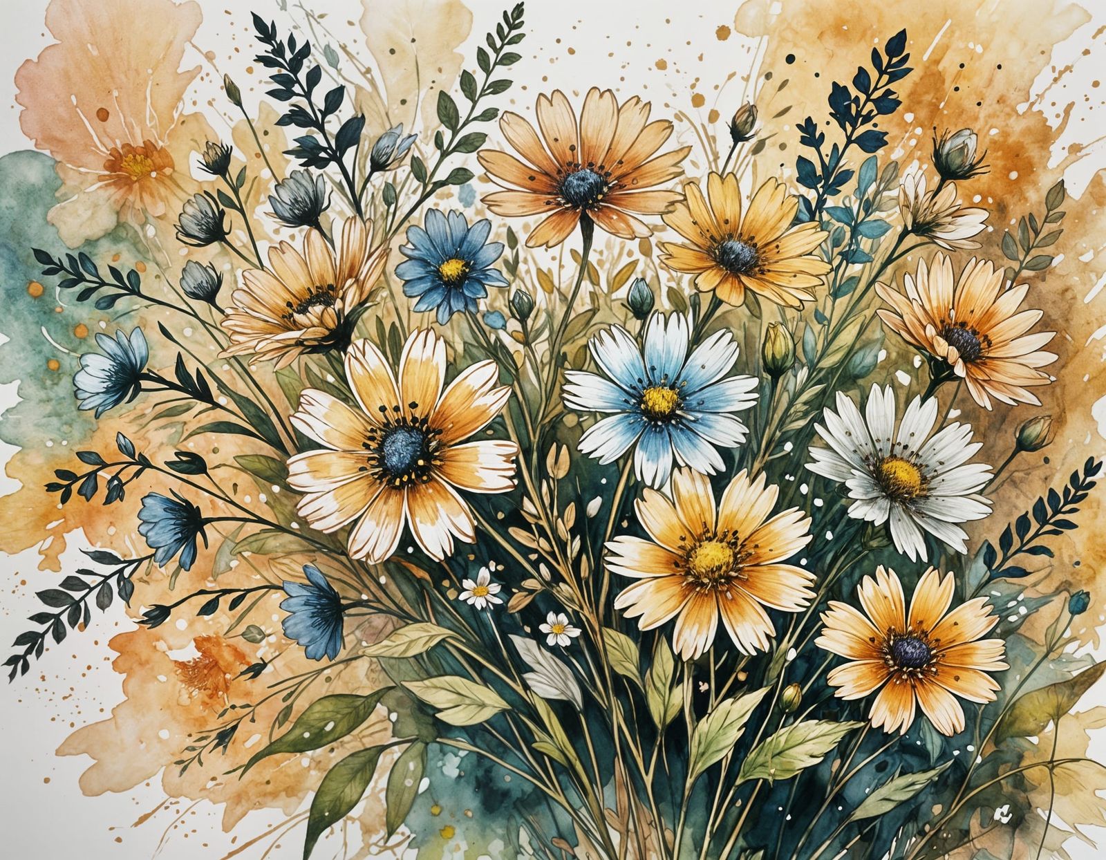Ink Illustration of Wildflower Bouquet in Pastel Shades