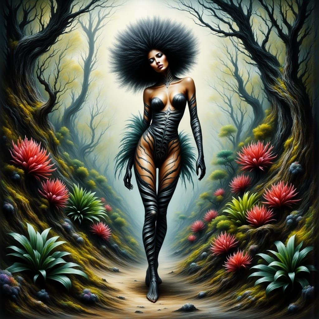 Cyberpunk Goddess Dances in Vibrant Woodland