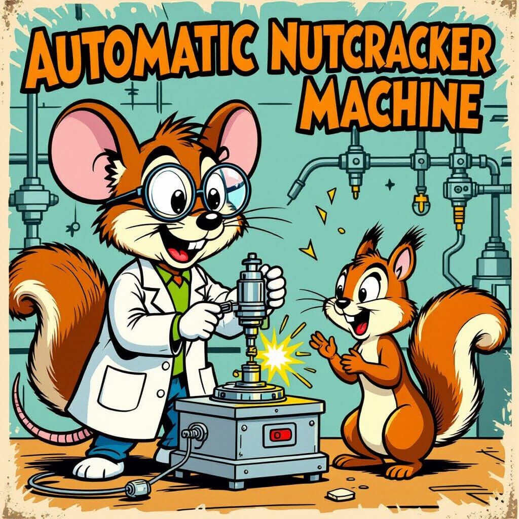 Mouse Scientist's Nutcracker Invention in Retro Comic Style