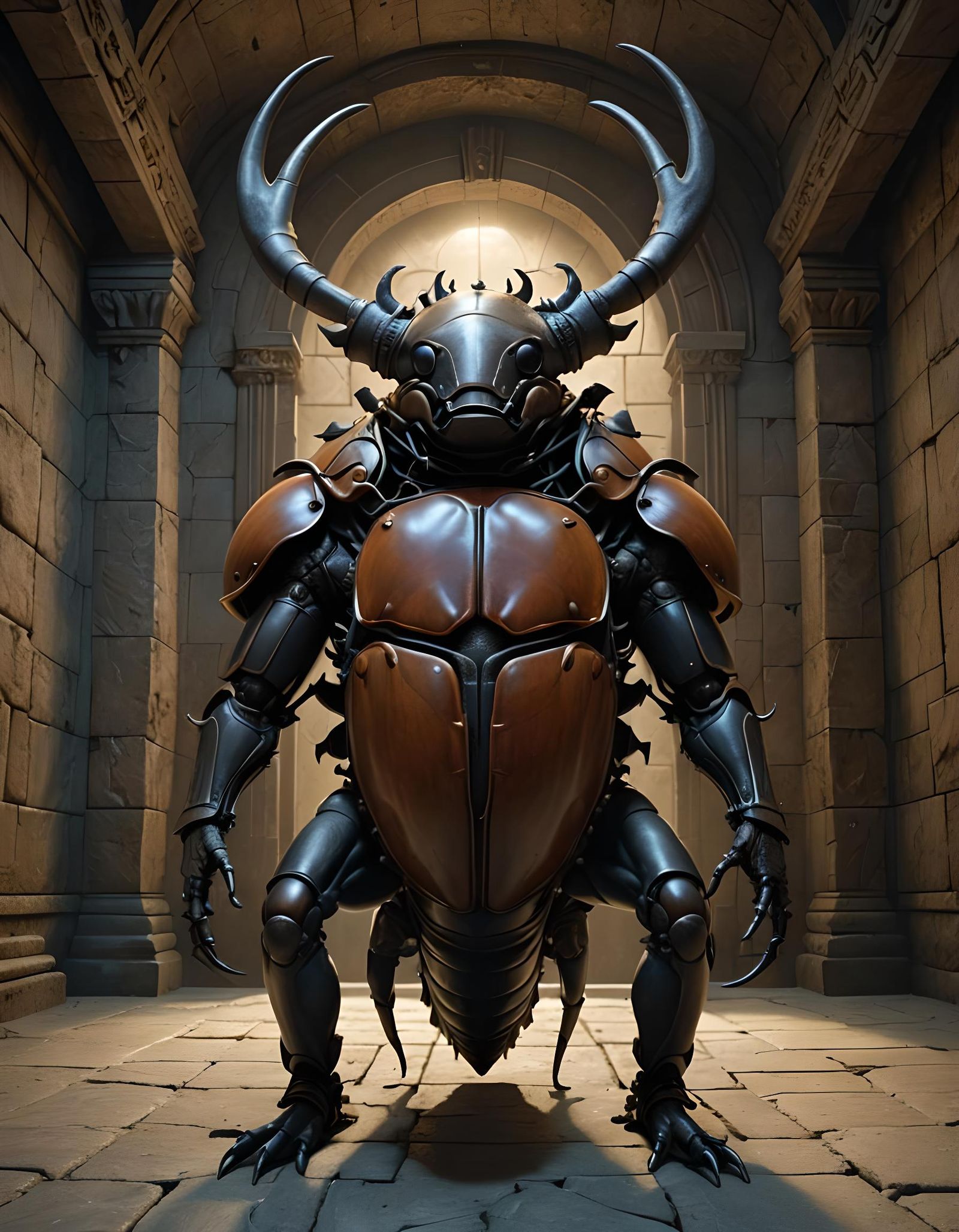 A giant rhinoceros beetle wearing elaborate leather harness ...