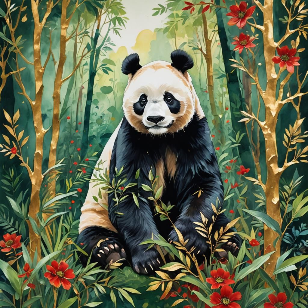 Panda with Cub in Folk Art Style