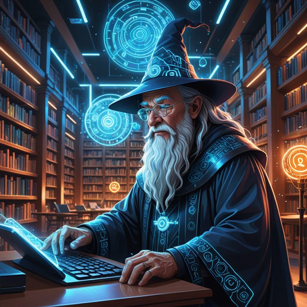 Wizard in Modern Library with Neon Tech