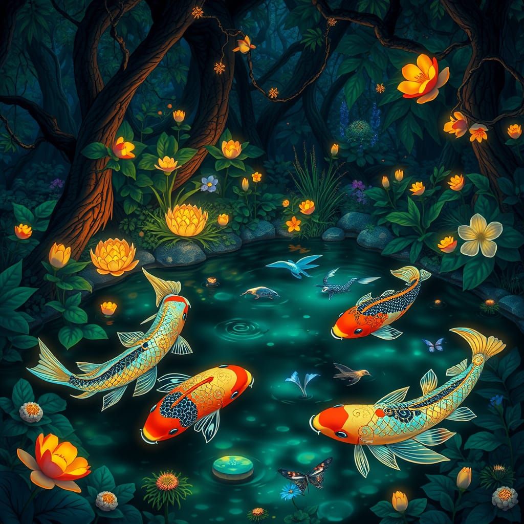 Bioluminescent Koi Pond in Art Nouveau Style