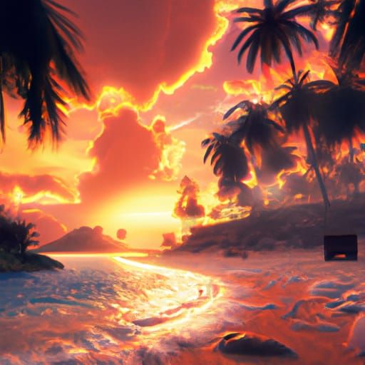 Tropical Beach Sunset: Detailed Matte Painting