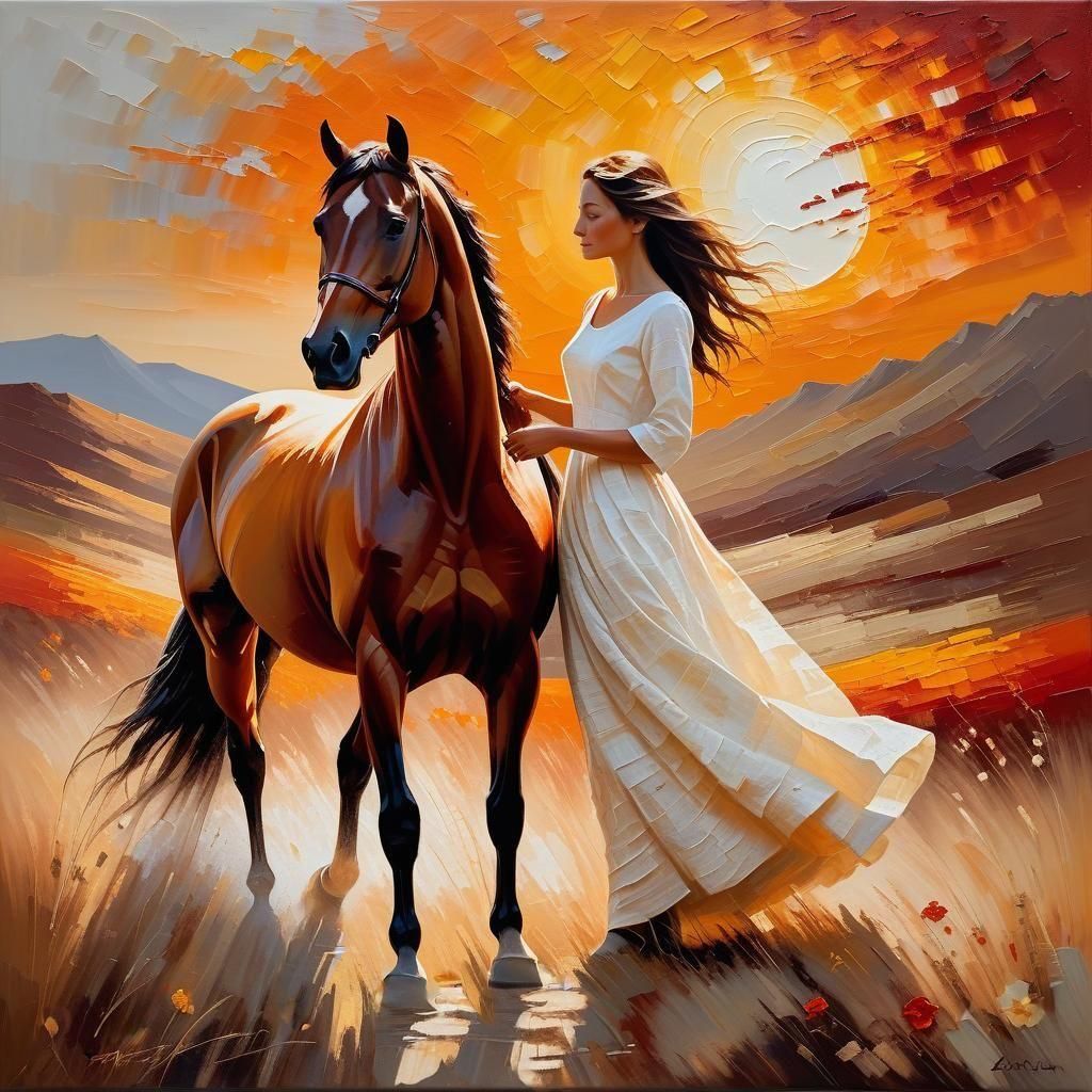 Beautiful Woman and Her Noble Horse