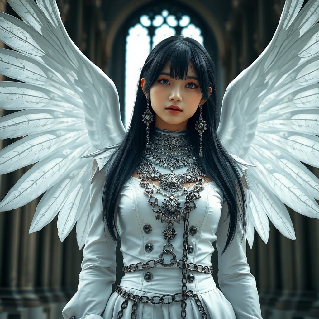 Asian Girl with Angelic Wings in Gothic Style