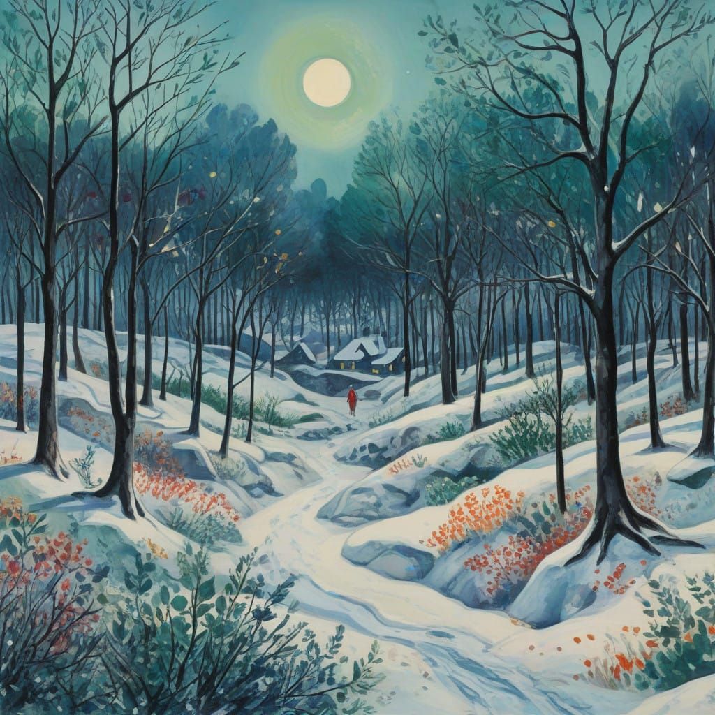 Whimsical Spirit in Winter Woodland Scene, Gouache Style