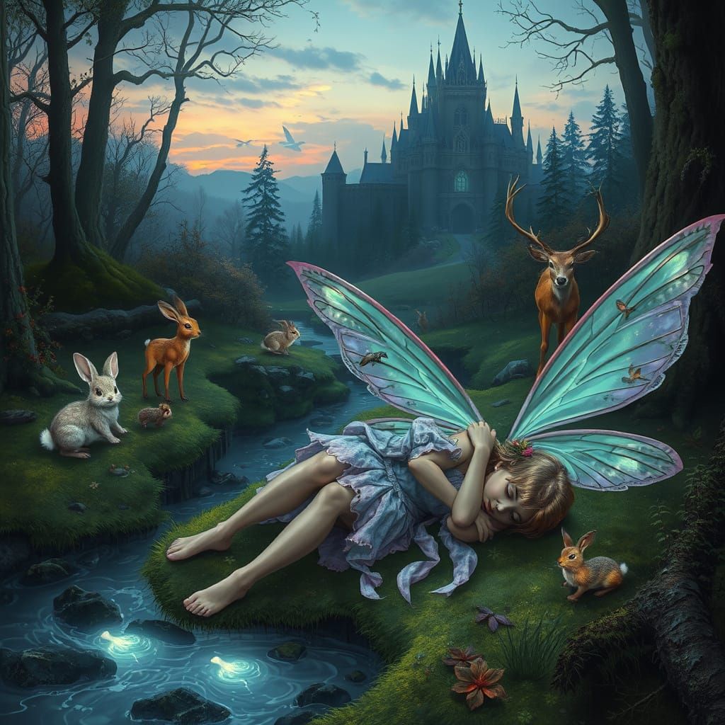 Melancholic Fairy in Wonderland Forest with Woodland Creatur...