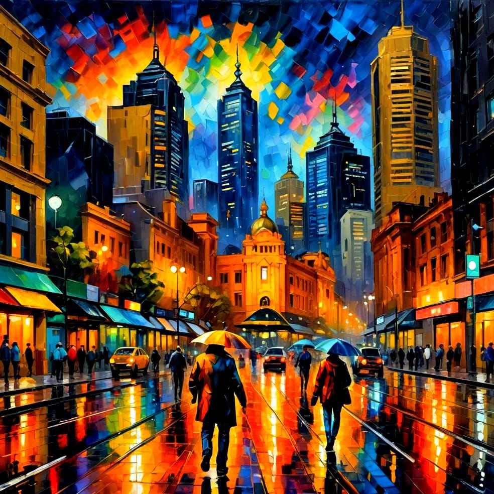 Melbourne Cityscape at Night in Neo-Impressionist Style
