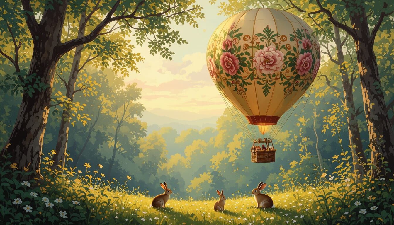 Art Nouveau Hot Air Balloon Over Forest Canopy
