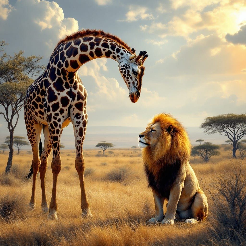Giraffe Bowing to Lion in African Savannah