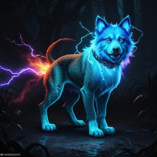 Electricity Dog in Mystical Forest: Vibrant Oil Painting