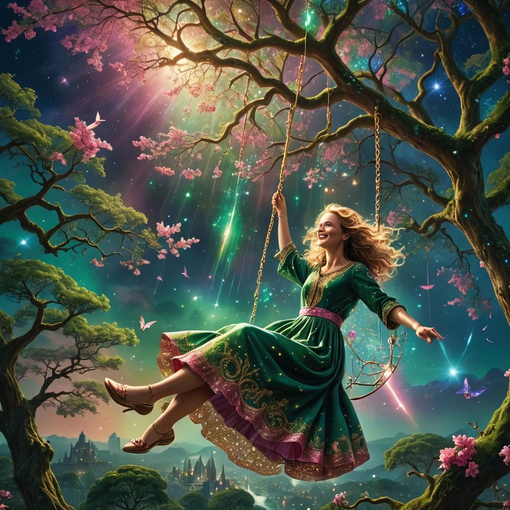 Woman Swings on Tree of Life in Emerald and Sapphire