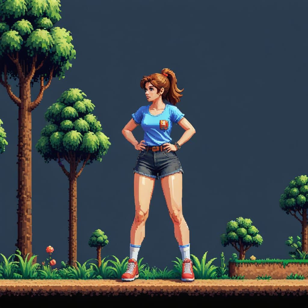 8-bit Woman in Shorts Platform Game Style