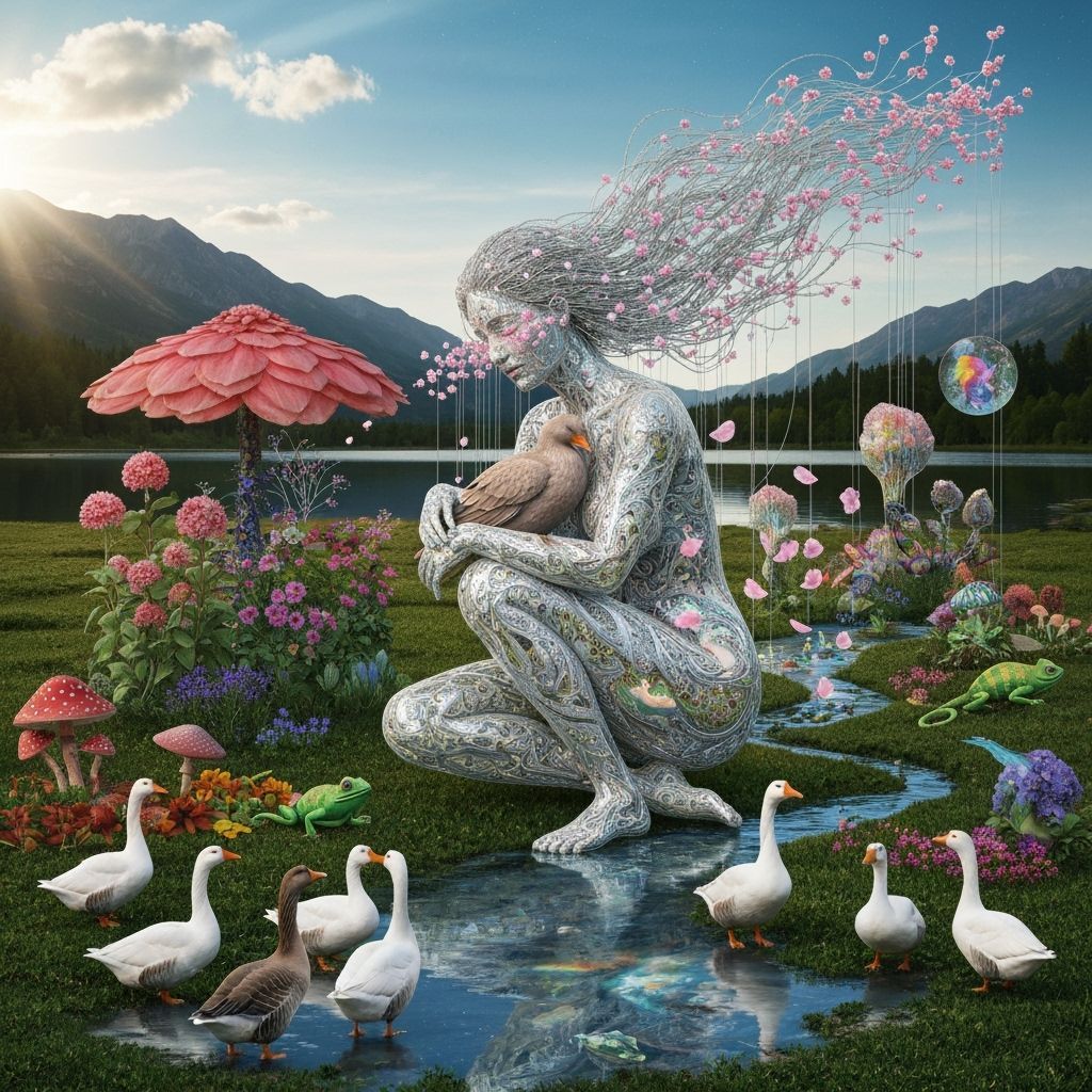 Surreal Bioluminescent Sculpture of Woman and Bird