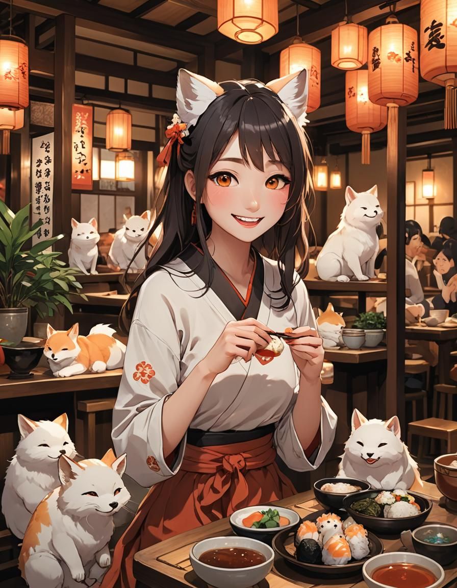 Kitsune Girl in Restaurant with Warm Glow