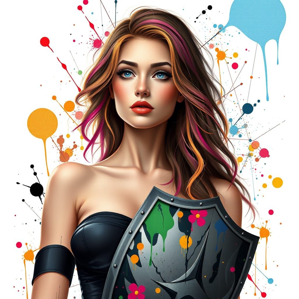 Surreal Trans Woman in Anime Style with Shield and Rainbow H...