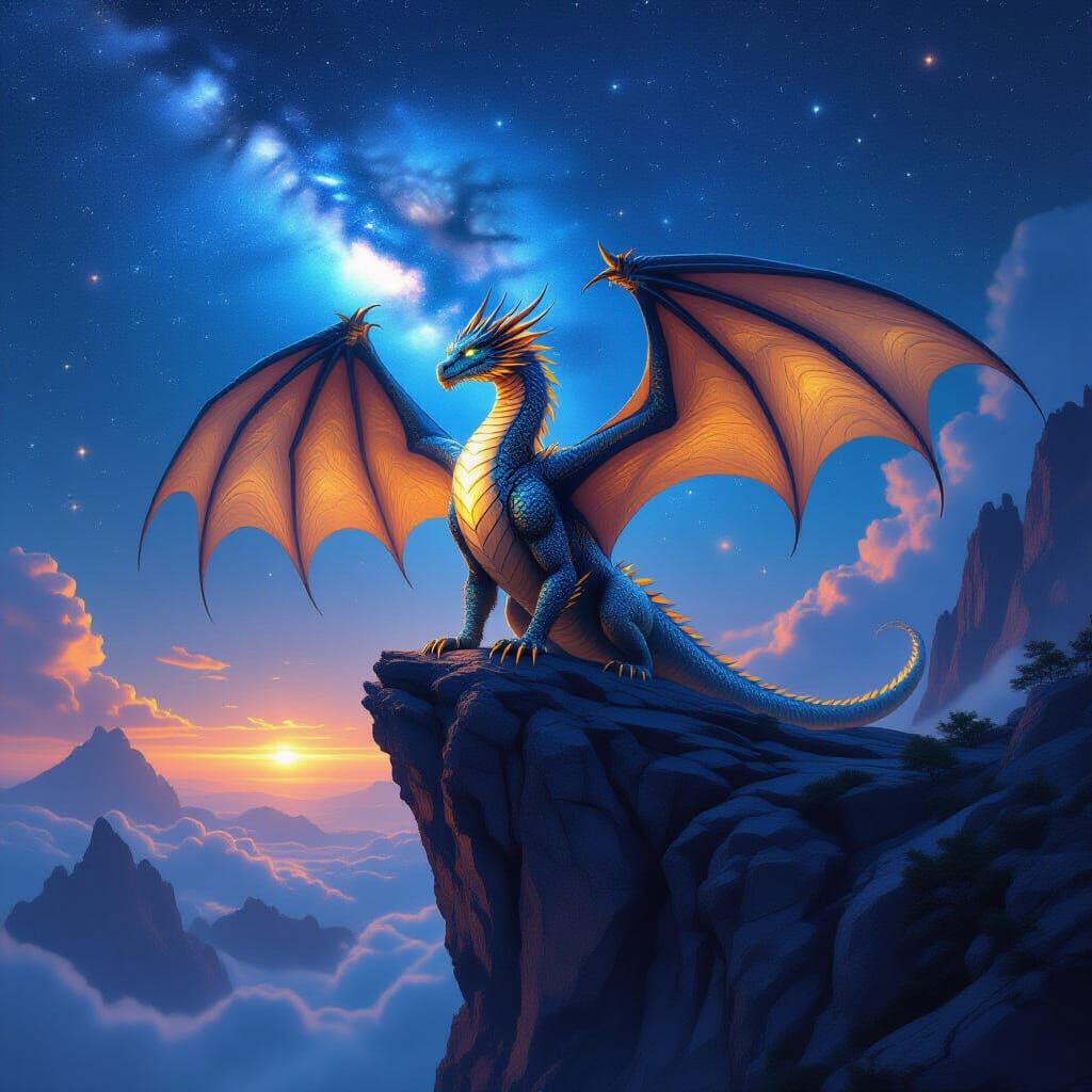 Majestic Dragon on Cliff Under Starry Sky