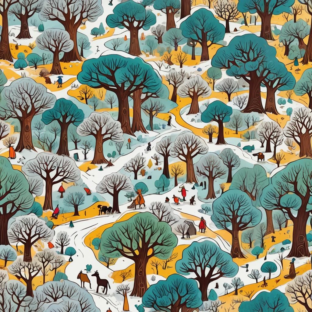 Whimsical Snow Wilderness in Children's Book Style