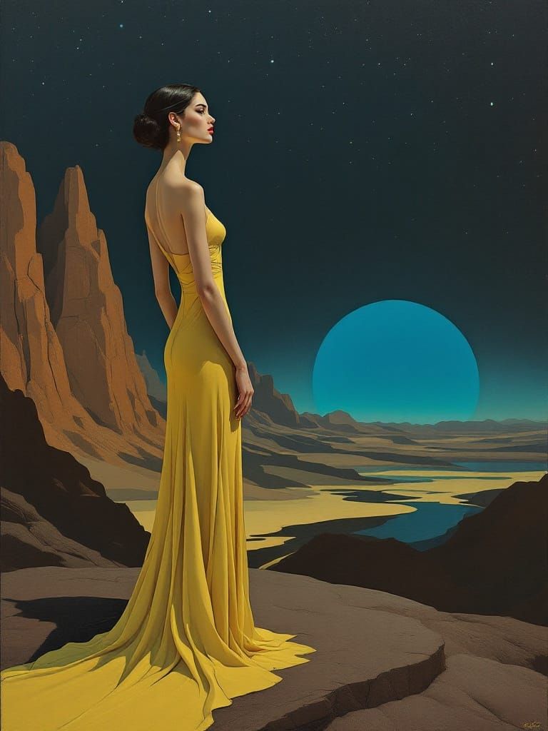 Elegant Woman in Art Deco Surrealist Landscape