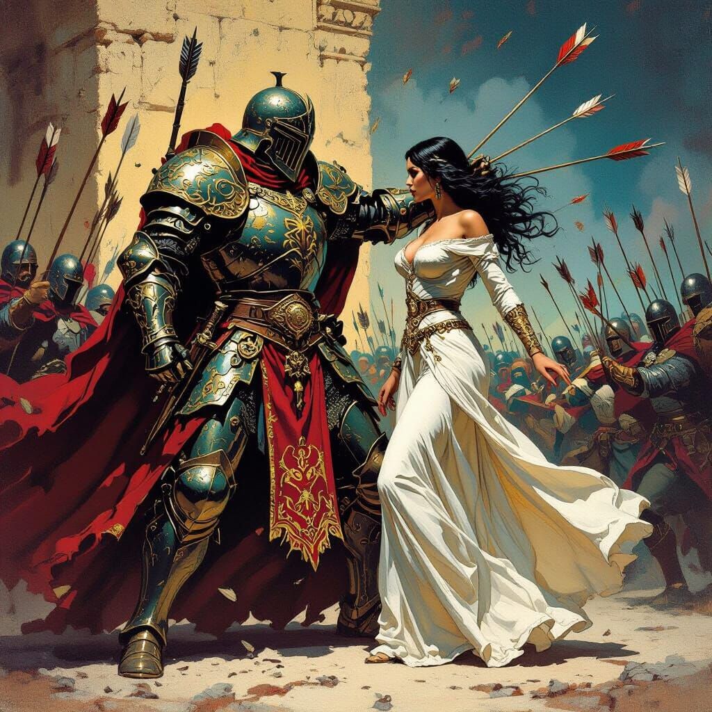 Armored Bodyguard Shields Woman From Arrows