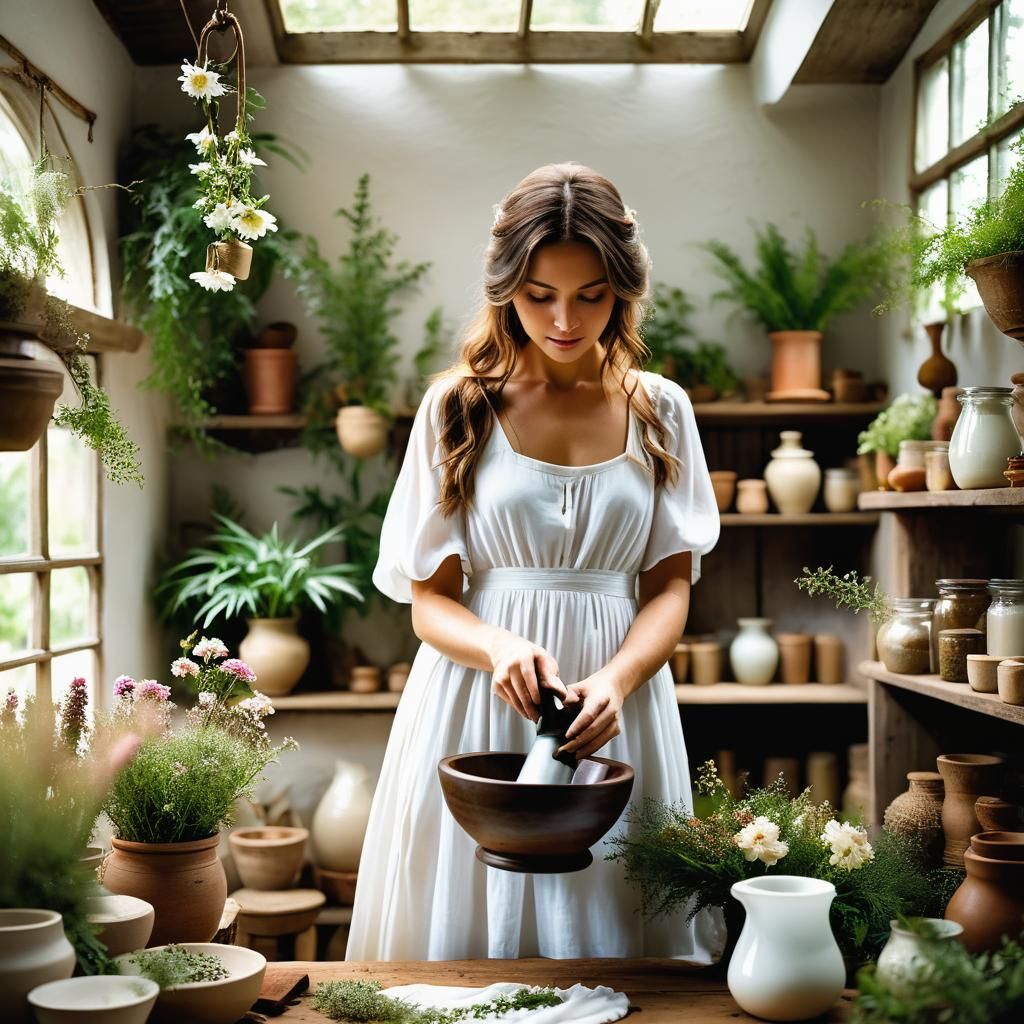 Woman in Whimsical Herbalist Setting, Soft Focus Bohemian Ch...