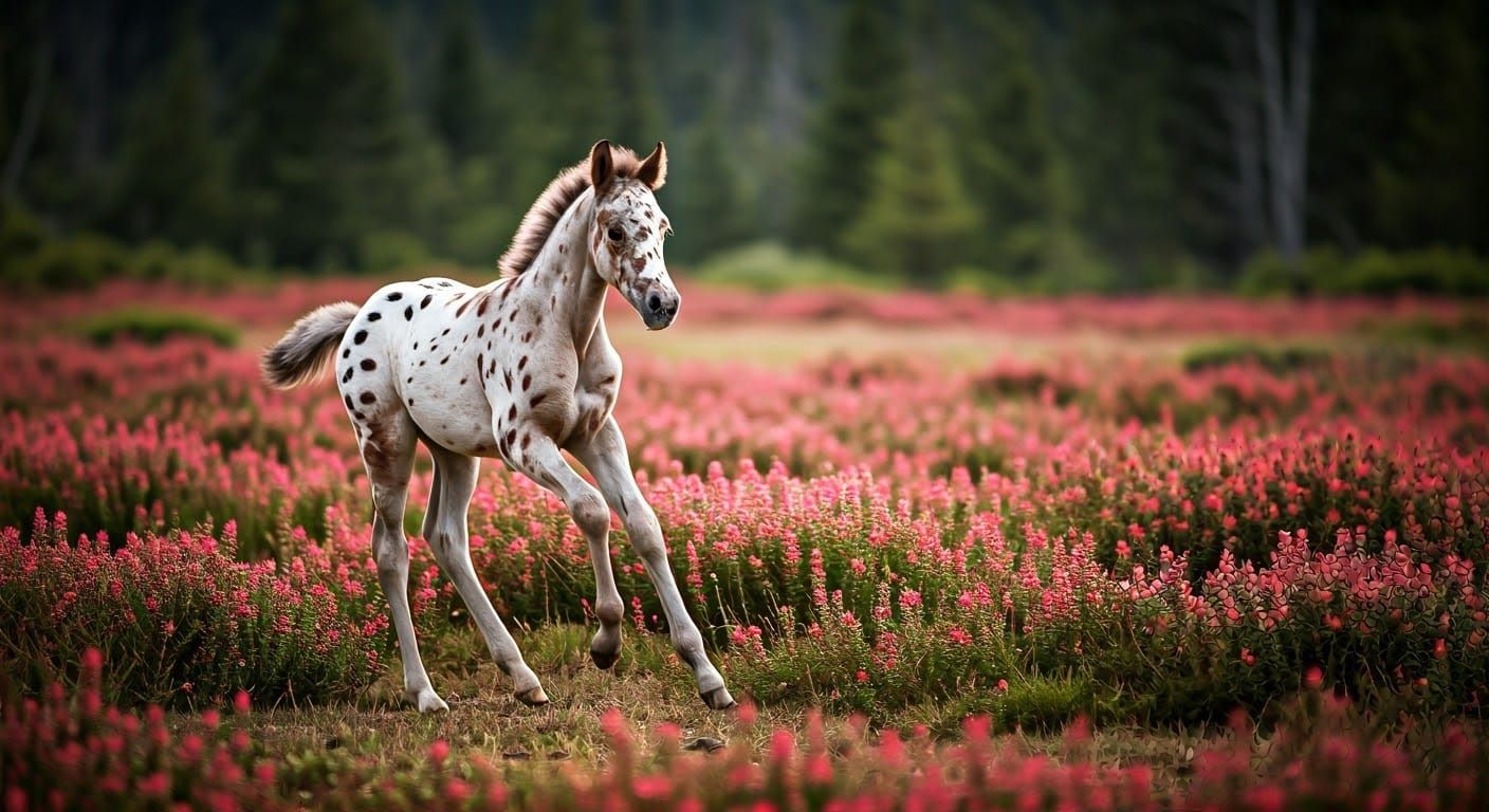 Appaloosa Foal in Crimson Bloom, Hyperrealistic Valley Lands...