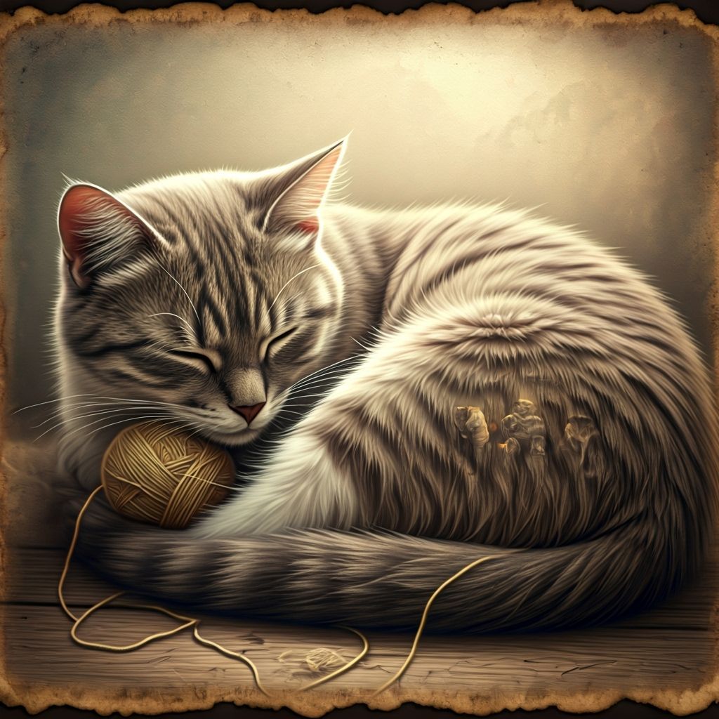 Stoic Cat Blended with Nostalgic Kittens in Vintage Style